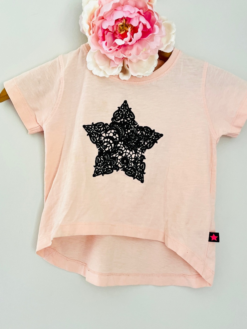 Molo Peach Puff Short Sleeve Tee with Black Lace Star 104 Cotton